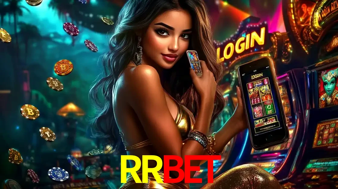 Mulher em um cenário de cassino temático de aventura, mostrando o app de caça-níqueis da RRBET no celular. Fichas de apostas flutuam ao redor.
