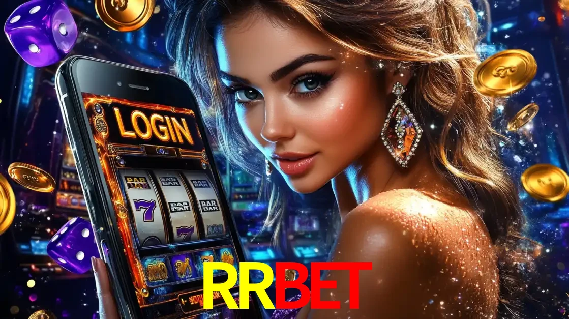 Mulher glamorosa segurando um smartphone com a tela de login para os jogos de caça-níqueis do cassino online RRBET, com moedas de ouro e dados ao redor.