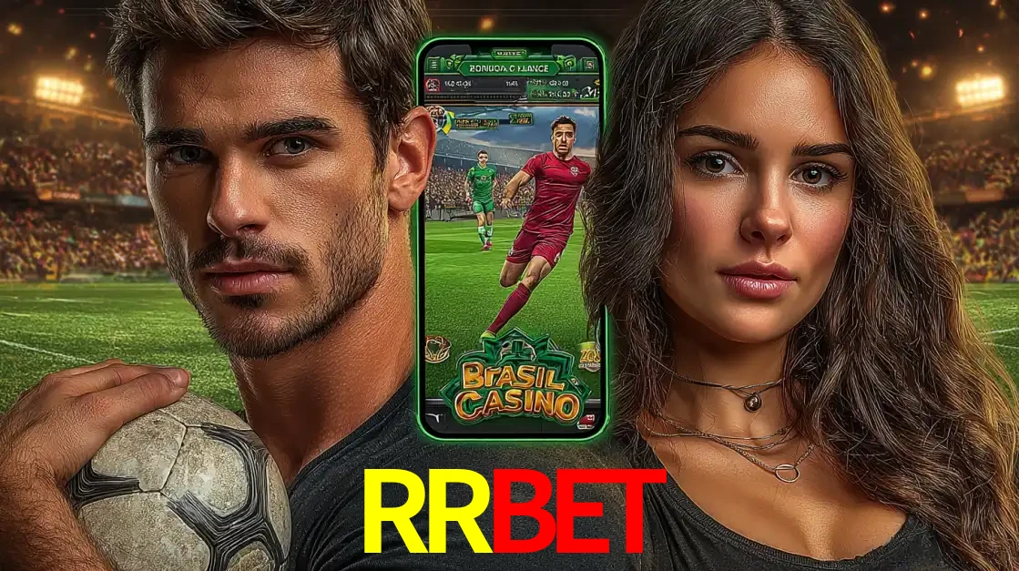 Homem segurando uma bola de futebol e uma mulher ao lado de um smartphone exibindo o jogo de apostas esportivas da RRBET. Faça seu palpite no cassino online.